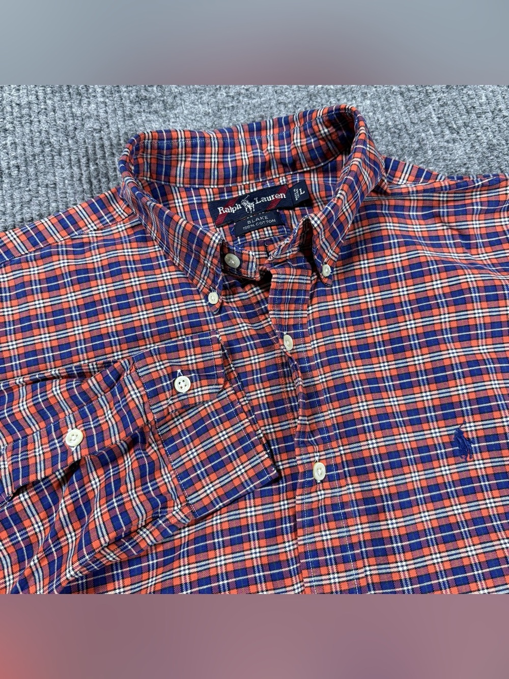 Ralph Lauren Button Down Oxford Shirt Mens Large Orange Blue Check Blake Cotton